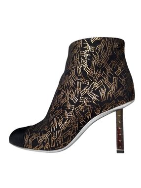 CHANEL CC Logo Cap Toe Ankle Boots With Metal Ruler Heels Gold Chair Print 37.5